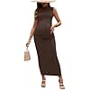 OYOANGLE Women's Maternity Mock Neck Sleeveless Ruched Dress Pregnancy Bodycon Maxi Tank Dresses Coffee Brown Medium