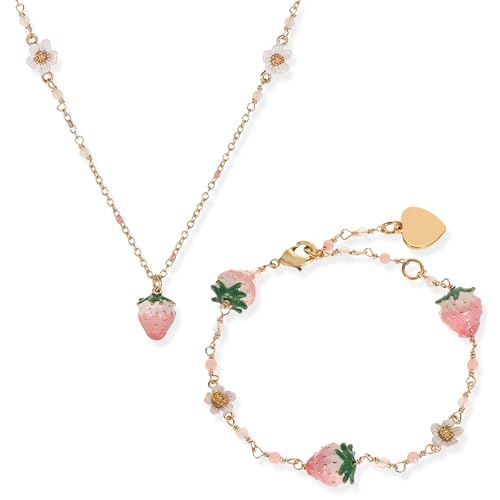Strawberry Necklace for Women - Gold Plated Brass Fruit Jewelry, Floral Charm Pendant Gift, Cute Dainty Fashion Accessories (White Flower Pink Strawberry)