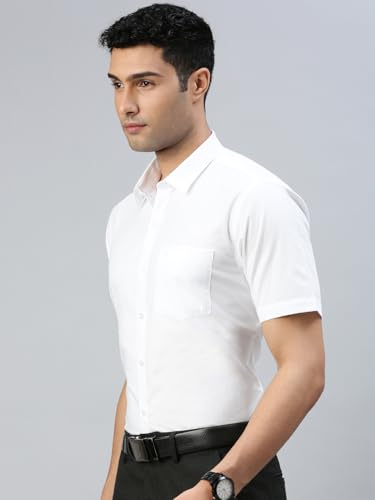 Image of RAMRAJ COTTON Mens Solid Regular Fit Half Sleeve Ethnic White Cotton Shirt