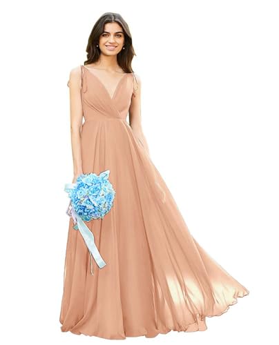 Image of HSFIYAKJ Bridesmaid Dresses Long Chiffon Formal Dress Open Back V Neck Evening Prom Gown for Women with Pockets
