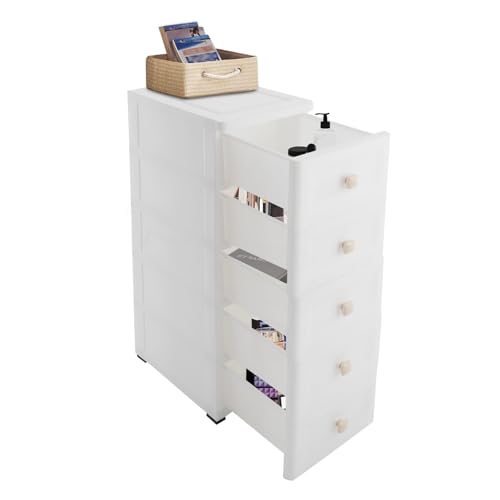 5-Tier Bathroom Storage Cabinet, Slim Plastic Bathroom Storage, Space-Saving Narrow Floor Standing Rolling Storage Cabinet for Organize Cosmetics, Towels & Toiletries in Style (Square Handle)
