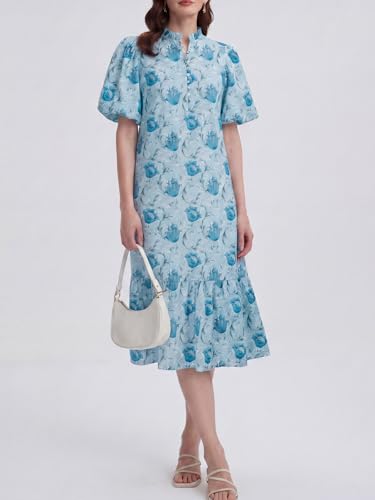 Image of Summer Floral Midi Dress for Women Spring Puff Short Sleeve Button Down Flowy Boho Dresses