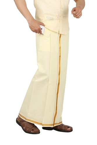 Image of PRAKASAM COTTON -Welcro pocket dhoti for mens /Jari border welcro pocket Stitched Dhoti for Mens