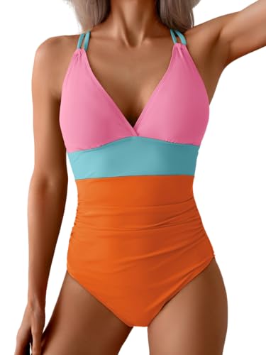 Image of Aidonger Women's One Piece Color Block Swimsuit Tummy Control Slimming Bathing Suit V Neck Cutout High Waisted Swimwear