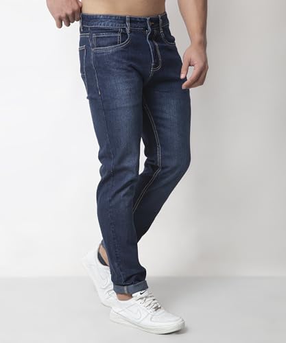 Image of Men Dark viskared Tinted Washed Blue Mid Rise Slim Tapered Stretchable Jeans (152103)