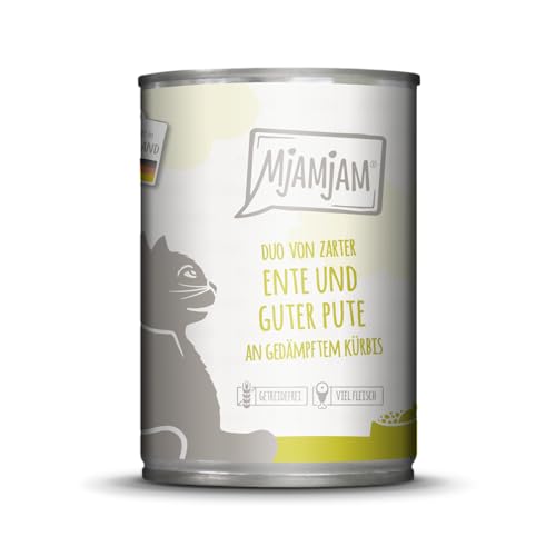 MjAMjAM - Comida húmeda Premium para Gatos - Duo de Pato Fino y Deliciosa gallina de Guinea al Vapor con Calabaza, 1 Paquete (1 x 400 g), sin Cereales con Carne Extra