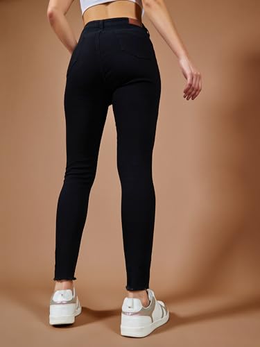 Image of Miss Chase Women's Skinny High Rise Cropped Fringed Hemline Detailing Stretchable Denim Jeans