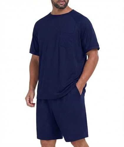 Image of Mens Pajamas Set Lightweight Summer Pjs Sleepwear Soft Comfy Short Sleeve Loungewear With Pocket (S-4X)