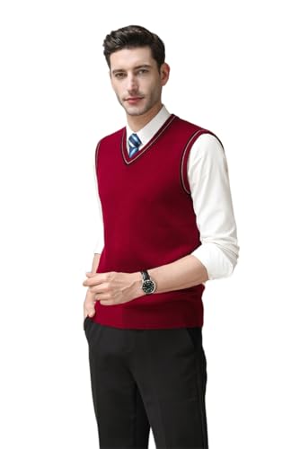 Men's 100% Wool Vest Sweater Relaxed Fit V Neck Sleeveless Pullover