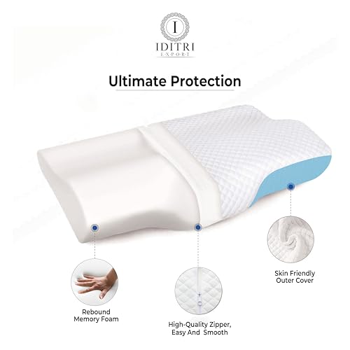 Image of Orthopedic Contour Pillow Set of 2, Rebound Memory Foam Cervical Support for Neck, 48x30x9 cm, Breathable Skin Friendly Mesh Cover with Zippe,Sky