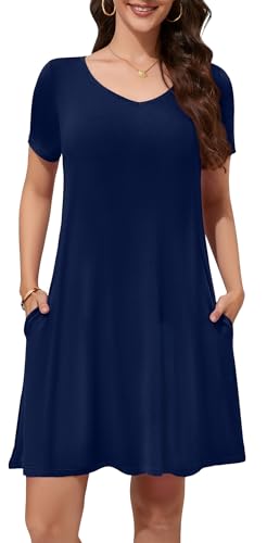 Image of WEACZZY Summer Dresses for Women 2026 V-Neck Casual T Shirt Dress Loose Short Sleeve Flowy Dresses with Pockets