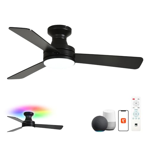 Image of Orison Smart Ceiling Fans with Lights - 42 inch Low Profile Flush Mount, RGB Backlight & Dimmable LED, Alexa & Google Compatible, 6-Speed Reversible, App & Remote Control, Quiet & Energy Saving, Black