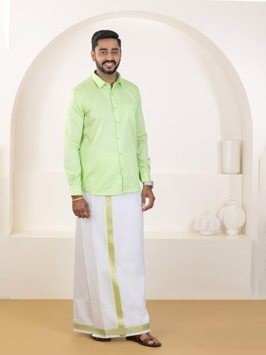 Image of RAMRAJ COTTON Men Premium Cotton Full Sleeves Shirt and Fancy Border Dhoti Set Luxe Set