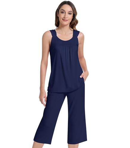 Image of NACHILA Pajamas for Women-Viscose Made from Bamboo, Sleeveless Pjs Top and Capri Pants Pajama Set Cool Pleated Sleepwear