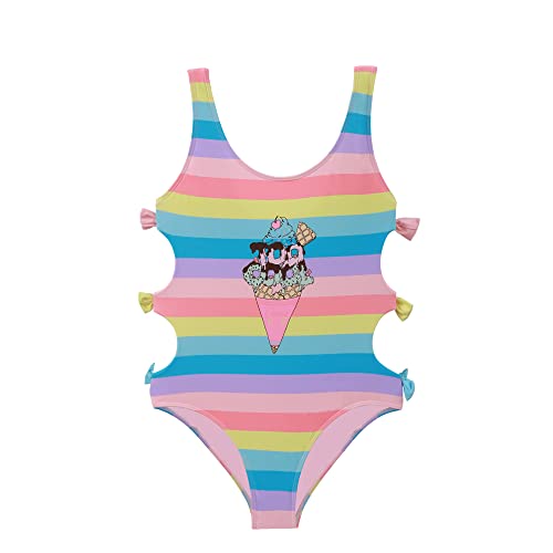Traje de baño de una pieza para niñas, traje de baño de sirena para niños, color rosa, protección UV, verano, 4 a 14 años, Helado de rayas de color, 13 años