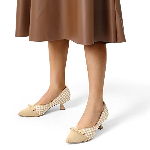 Burudani Women's Sbdpu2308W Kitten Heels Pointed Toe Work Pumps Comfortable Knitted Closed Toe Dress Wedding Shoes,Beige Grid,Size 9.5 #TOP6
