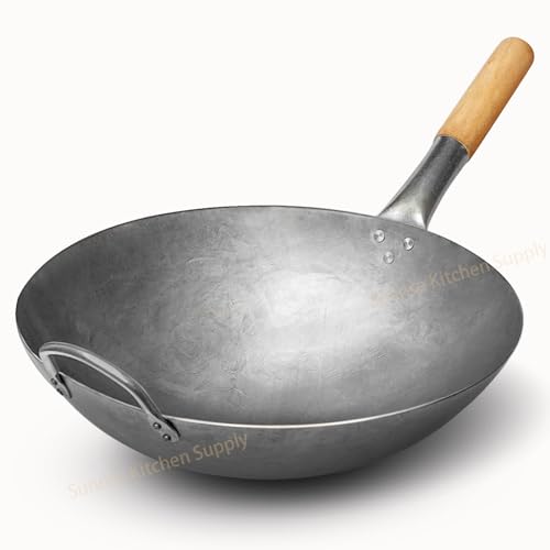 Image of Sunrise 1.8 mm Thickness Heavy Duty Hand Hammered Carbon Steel Wok 14 inch, Round Bottom