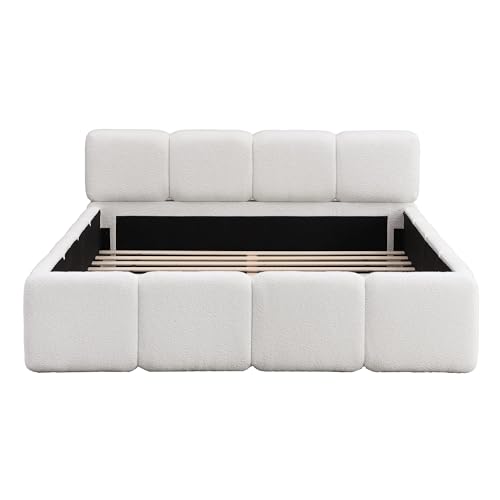 Image of Harper & Bright Designs Queen Size Boucle Platform Bed with Headboard and Footboard, Wood Floor Bed Frame with Sturdy Slats Support for Kids Tenns Adults, Space Saving, White