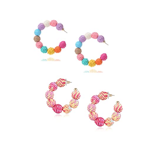 ORZKEY ラタンイヤリング 2ペア 軽量 幾何学的ステートメントイヤリング ハンドメイド ラタンボール ダングルイヤリング 編み込みストロー ウィッカー ラフィアイヤリング ダングルイヤリング レディース