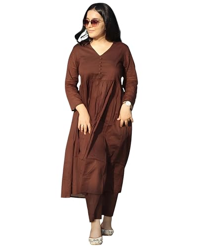 Image of ANILINE Women's V-Neck, Button Front, three-quarter sleeves, Anarkali shape, Empire Waist, Pleated Design Kurta With Pant