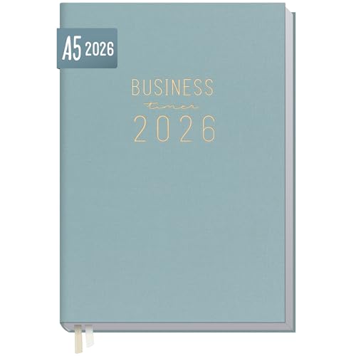 Häfft Business-Timer 2026 A5 Blue Canvas 1 Woche 2 Seiten Buchkalender mit Leinen-Einband Terminplaner im Halb-Stunden-Takt - nachhaltig & klimafreundlich