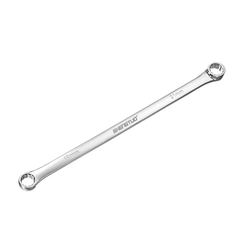 Image of HARFINGTON Double End Box Wrench 19 x 21 mm Metric 12 Point 0 Degree Offset Extra Long Double End Box Ratcheting Wrench CR-V Polished Long Spanner Tools for Repairs