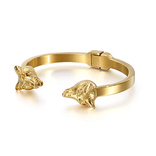 INSFIRE Mens Wolf Head Bracelet Steel Braided Cable Bangle Cuff Bracelet Polished, Adjustable (Gold)