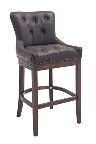 TPFLiving Taburete de bar Wooden Luck con respaldo cómodo y reposapiés cómodo - Estructura de madera marrón oscuro - Superficie del asiento: cuero genuino marrón