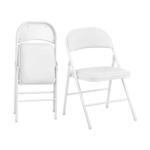 KAIHAOWIN 2er-Set Gepolsterte Klappstühle Metall, Faltstuhl Klappbar, Kunstleder Stabil Klappstuhle für Esszimmer, Küche, Hochzeiten und Veranstaltungen, Weiß