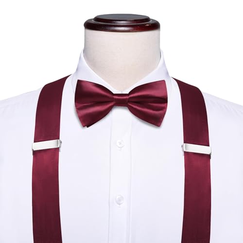 Image of Hi-Tie Men Suspender Bowtie Set Suspenders Pre-tied Bow Tie Pocket Square Cufflinks Adjustable Y Shape 6 Clips Braces Tuxedo