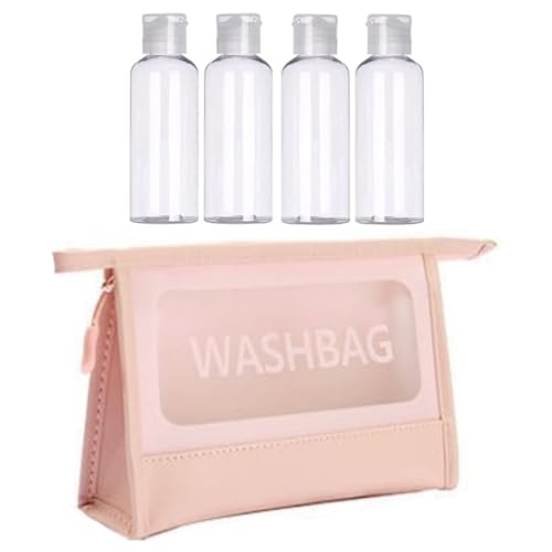 Kit Necessaire Feminina Maquiagem Viagem Praia + 4 Frascos 100 ML Para Shampoo Condicionador Creme (