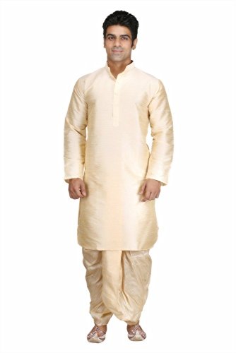 Kurta Dhoti 40 Gold de Mezcla de Seda Oro Conjunto de Gala Masculino Costura Fina