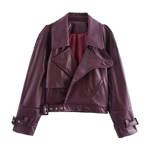 Mkjuuior Chaqueta de piel sintética para mujer, casual, con solapa, cremallera, chaqueta corta de cuero para motocicleta, Burdeos, S