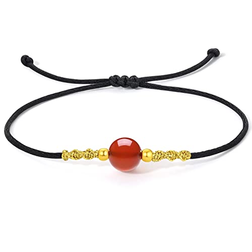 24K Solid Gold Bracelets for Women, Real Pure Gold Adjustable Friendship Gold Bead Agate Bead Bracelet Red Black Braided Bracelet for Women Men Mom Girlfriend