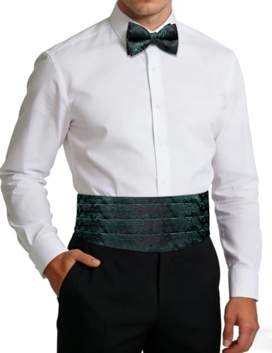 Image of Paisley Floral Tuxedo Cummerbund Bow Tie Pocket Square Set for Men