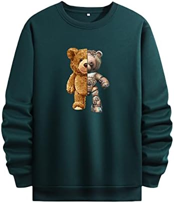 GORGLITTER Men's Cartoon Bear Print Thermal Pullover Top Casual Basic Long Sleeve Sweatshirt Dark Green Large