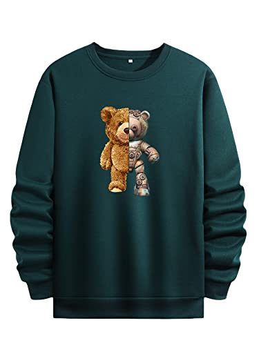 Gorglitter Men's Cartoon Bear Print Thermal Pullover Top Casual Basic Long Sleeve Sweatshirt Dark Green Large #TOP3