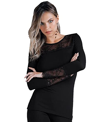 Tipo di prodotto: SHIRT JADEA Maglia in Cotone Elasticizzato Manica Lunga Donna Elegante con Pizzo Elasticizzato Ricamata Sottogiacca
