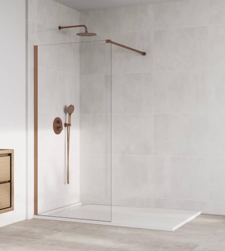 GME   Mampara Ducha Fija 80cm Frontal Oro Rosa Cepillado con Brazo de Sujeción | Mampara de Cristal Antical y Perfilería de Aluminio con 195cm de Altura | Vidrio con Grosor 8mm