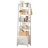 Uptyia Estantería de 5 Niveles Tipo Escalera con 2 Cajones, Librería Estrecha Independiente para Almacenaje y Exhibición, Estilo Industrial, 39×29×161 cm (Blanco)