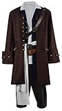 Adult Men Jack Pirate Sparrow Jacket Steampunk Coat Deluxe Medieval Pirate Costume Halloween Uniform Outfits (Brown, 3X-Large)