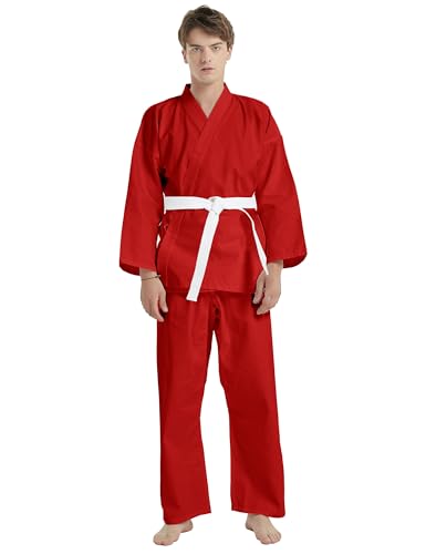 TopTie Karate Uniform with Belt, Karate Gi Student Uniform for Kids & Adults Martial Arts Training-Red-Size 0