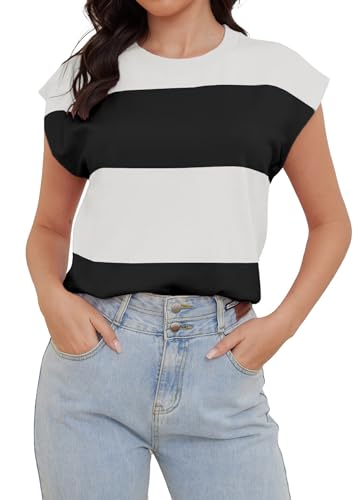 Image of HVT Womens Sweater Vest Cap Sleeve Tops Summer Loose Fashion Vest Striped Casual Shorts Sleeve Color Block Top Trendy Blouses Black
