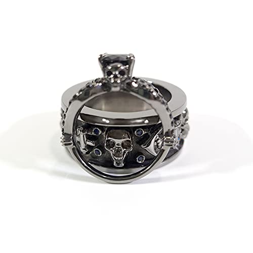Anchor Skull Wedding Ring Band Set His and Her Matching Skull Rings Couple Gun Metal Finish 925 Sterling Silver, Blue,Black (DFJS18)4