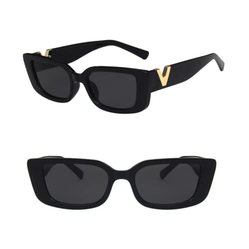 DUPER Black Sunglasses for Women - Rectangle Shape with Trendy Gold V Accent - Trendy y2k UV Protection Eyewear
