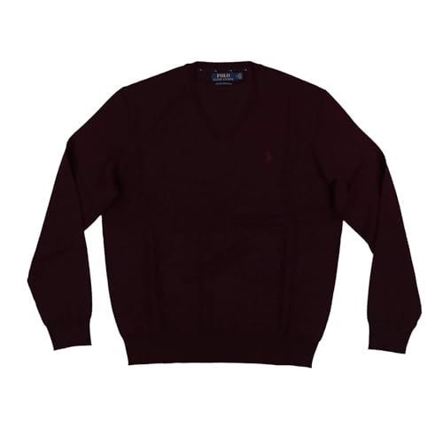 POLO RALPH LAUREN Mens Merino Wool V-Neck Sweater (Large, Rich Ruby Heather)