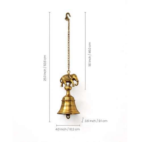 Image of ExclusiveLane 'Sacred Elephant' Brass Decorative Hanging Bell (100% Pure Brass, 63.6 Cm, 1.1 Kg, Hand-Etched) | Mandir Hanging Bells for Pooja Room Temple Bells for Mandir