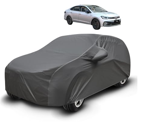 Image of Auto Hub Waterproof Car Cover Compatible with Virtus with Mirror Pockets, Soft Cotton Lining, Virtus Car Cover Waterproof, Grey