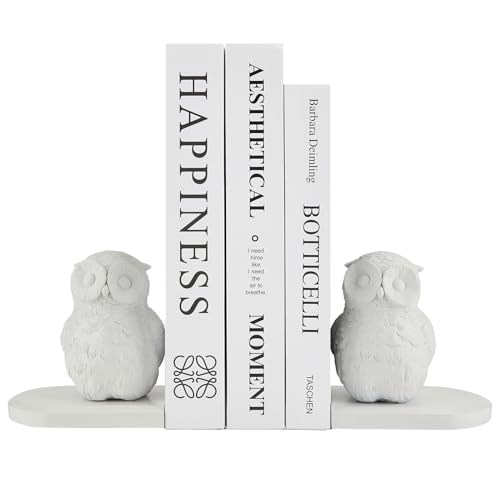 Book Ends Decorative, Owl Bookends White Bird Bookends for Shelves, Kids Rooms, Non-Skid Bookend, Heavy Duty Resin Book Stopper for Books, Decorative Holder, 9.05 * 3.7 * 4.72'' White