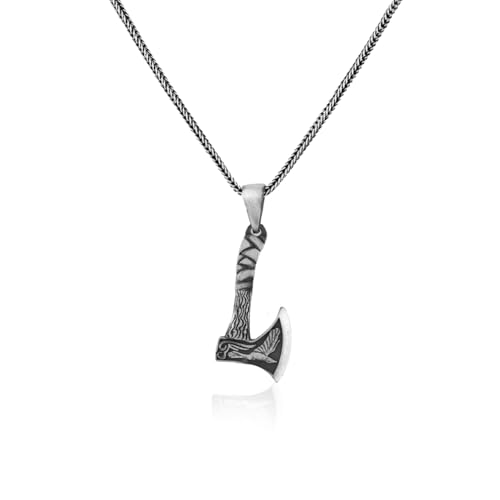 Jewellery Pit - Collier hache et oiseau en argent sterling – Pendentif gothique poli, collier en argent motard, collier pour hommes avec chaîne en argent + cadeau de chiffon de nettoyage (60 cm)